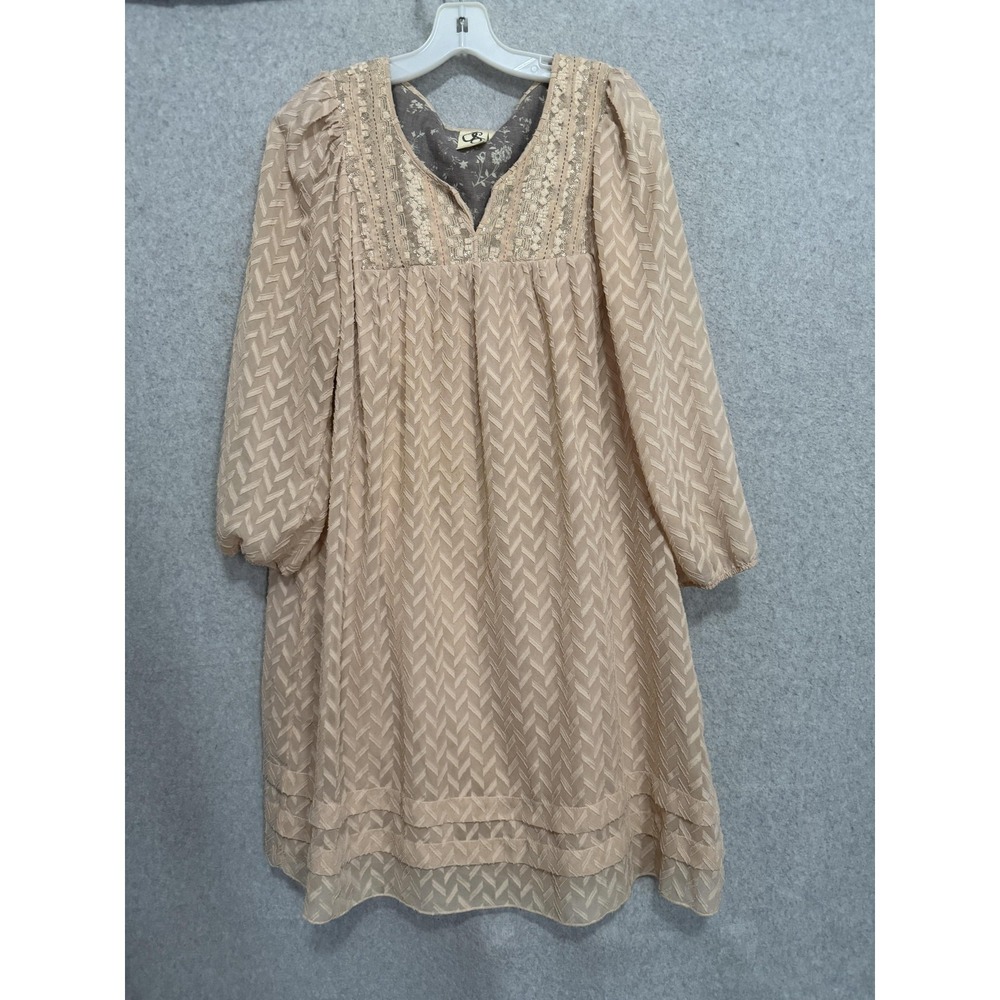 One September Dress Womens L Beige Chevron Sequin V Neck Long Sleeve Shift Boho
